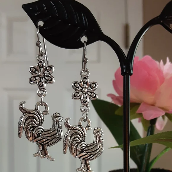 Handmade Silvertone Rooster Earrings - Picture 2 of 3